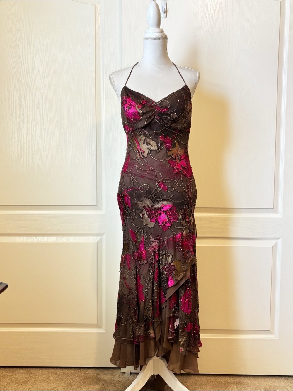 Sue Wong Beaded Silk Evening Gown Brown Mesh Overlay Pink Floral Open Back